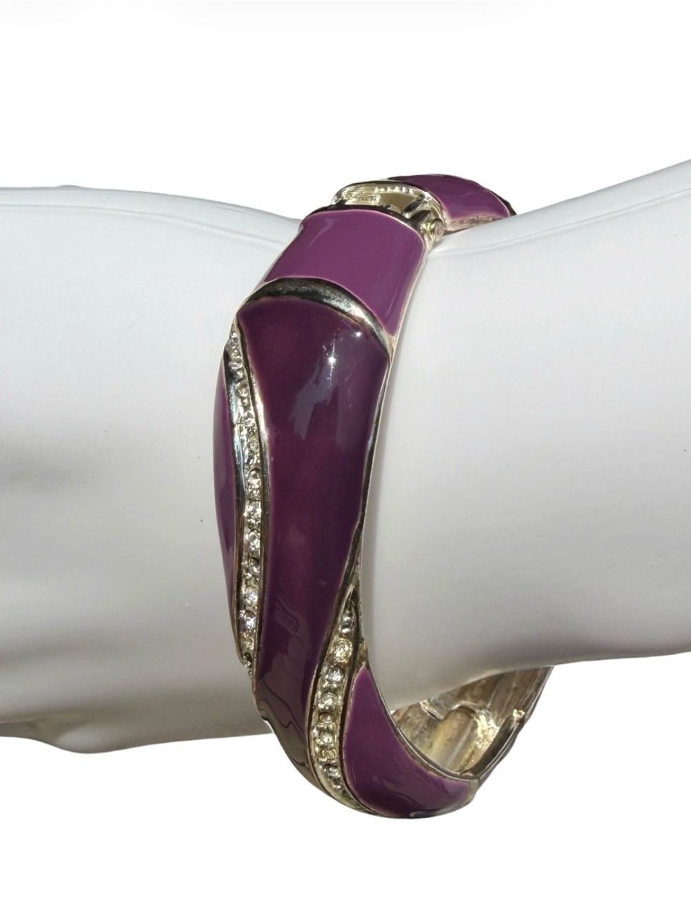 Vintage Purple Enamel Hinged Bangle Rhinestone Silver tone Bracelet